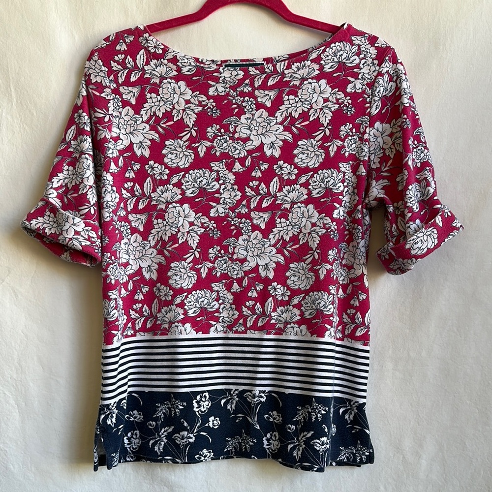 Karen Scott floral print and striped boatneck top, size L